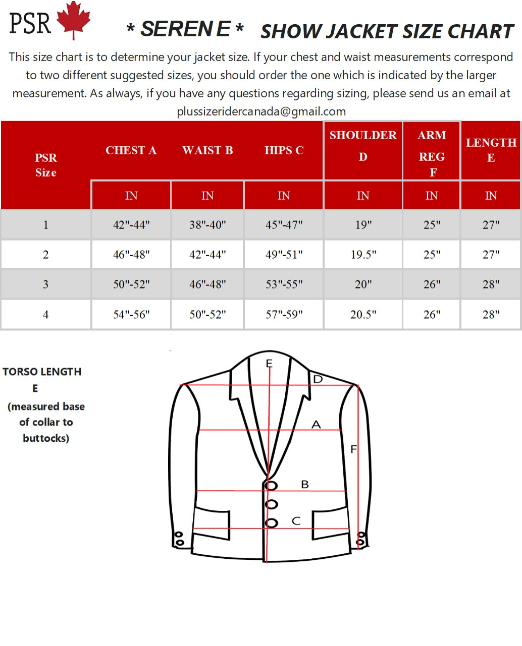 Serene Riding Jacket Size Chart