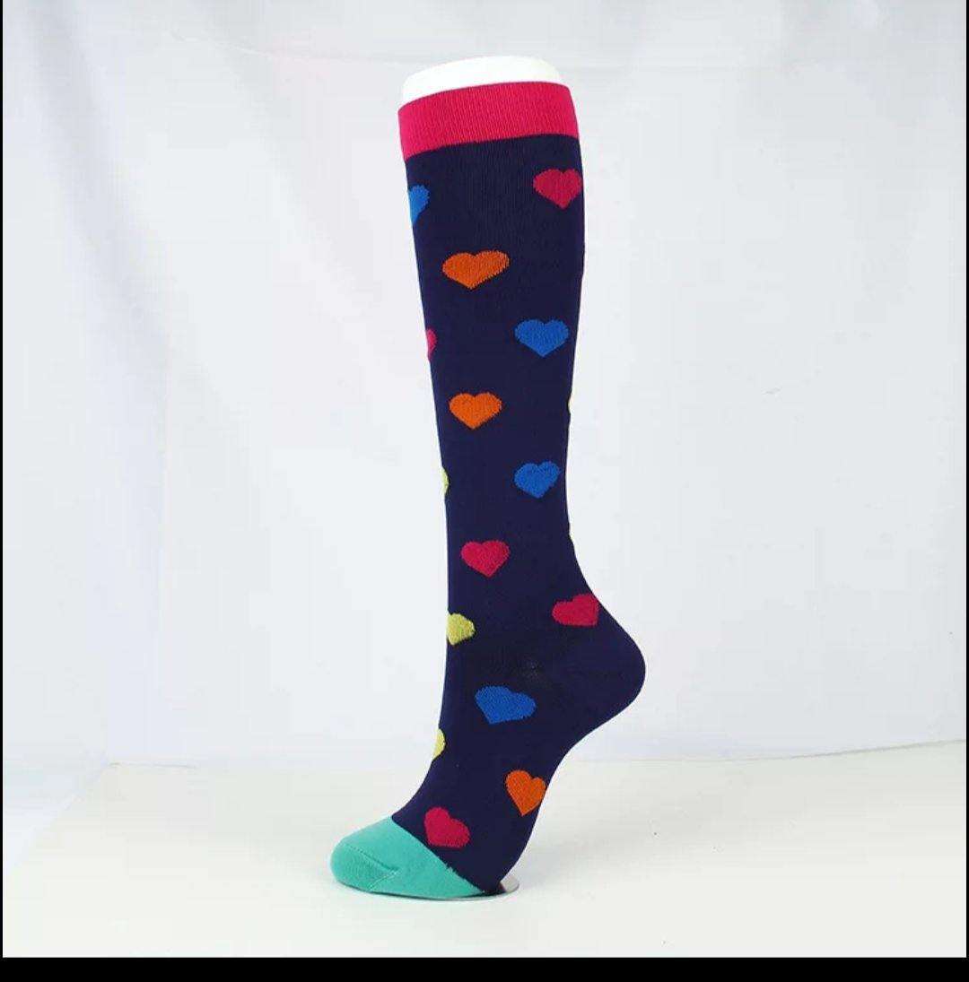 knee high riding socks blue with mulit-colour hearts