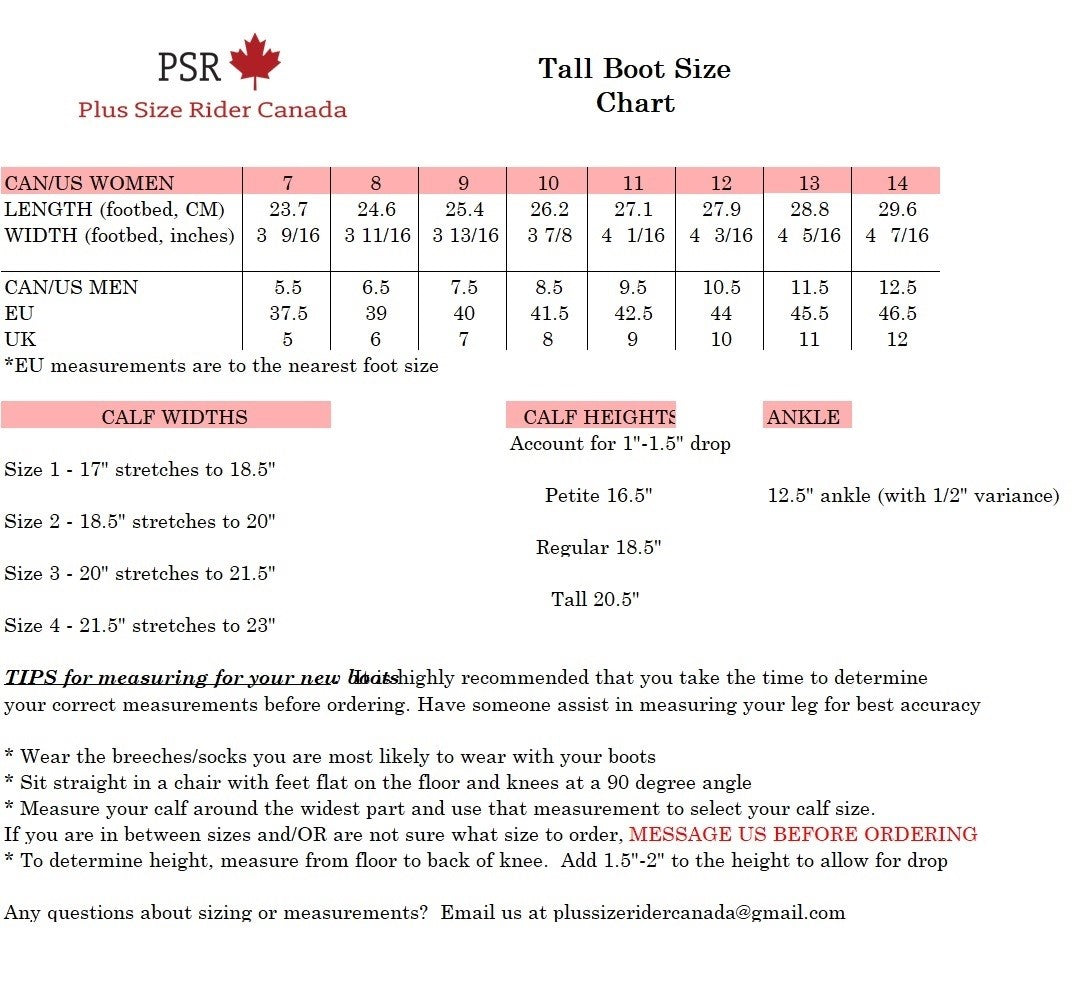 Tall Boot size chart