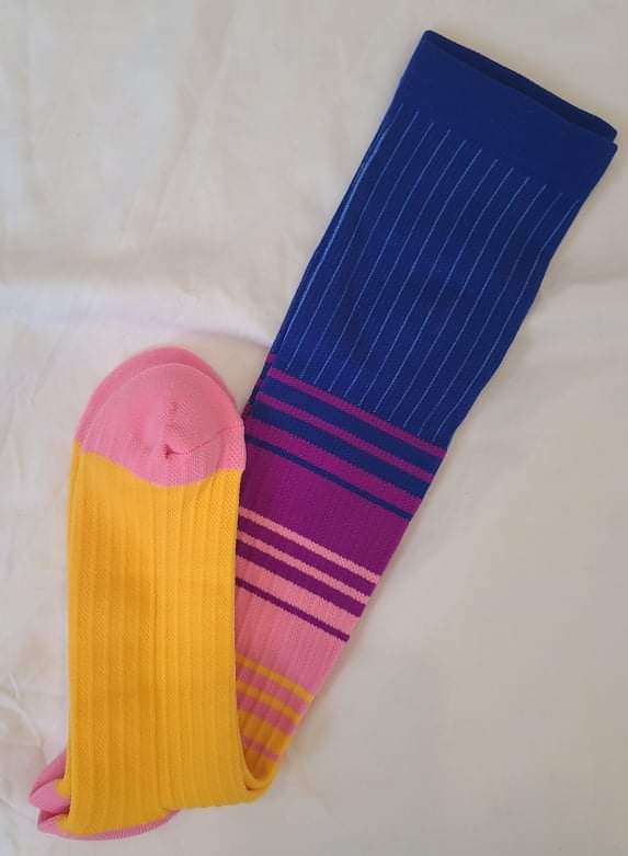 fun knee high riding socks yellow and purple stripes